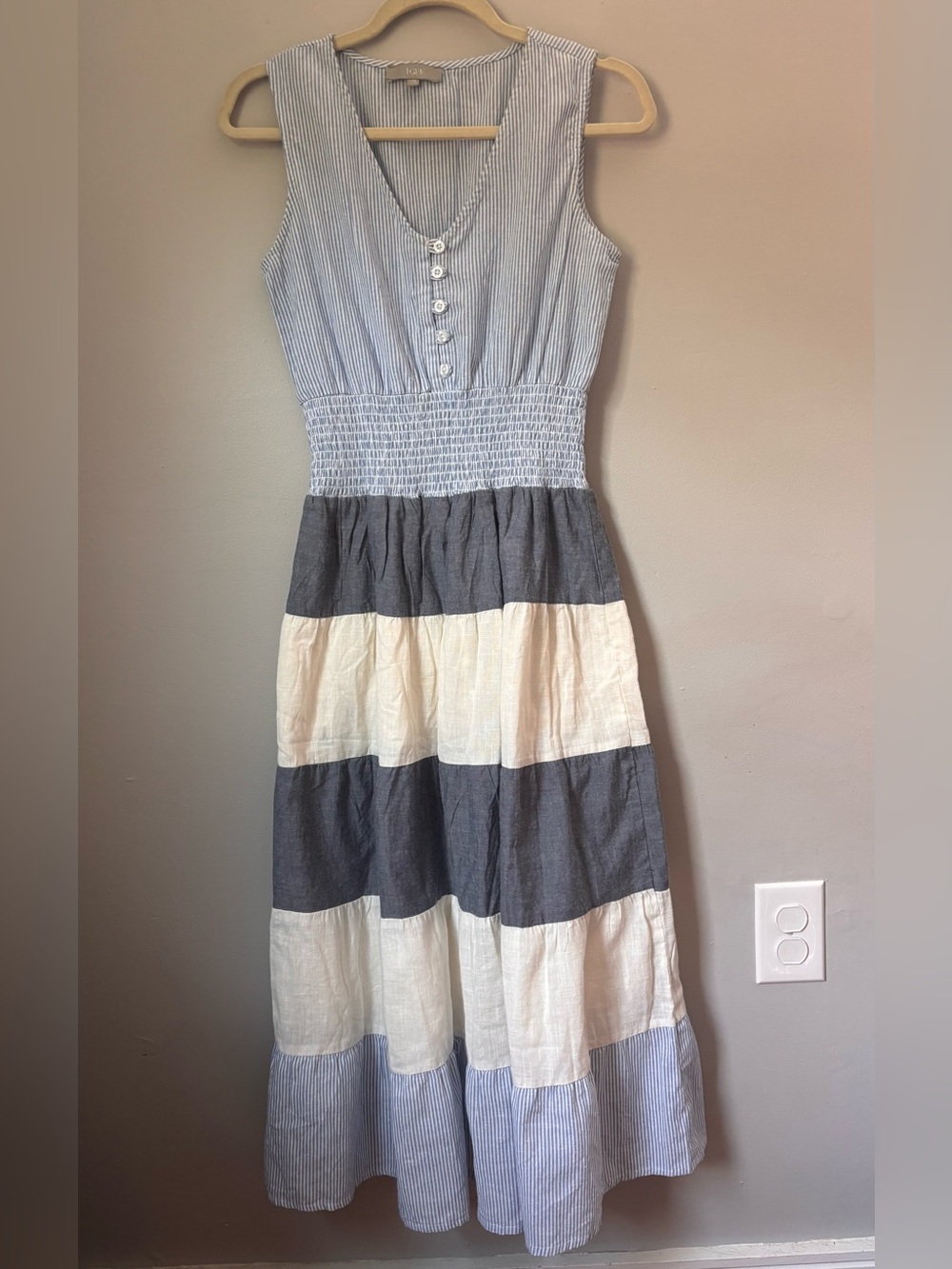J Gee Blue and White Striped Tiered Cotton Maxi Dress